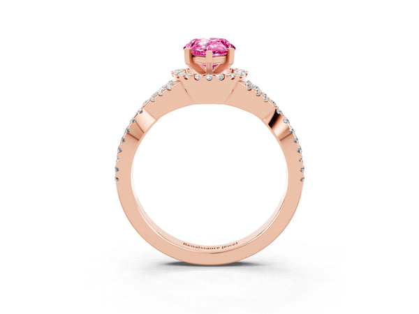 Rose gold Pear Cut Pink Sapphire  Halo Twist Band Solitaire Prong Setting Ring
