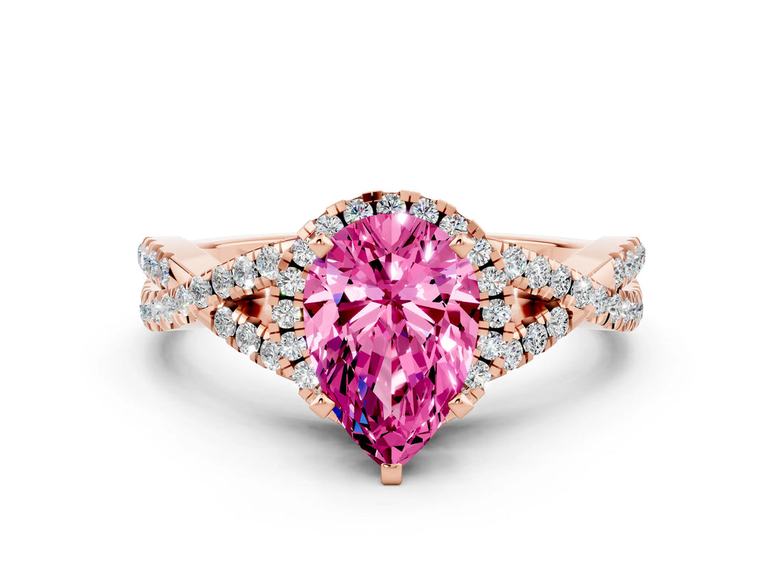 Rose gold Pear Cut Pink Sapphire  Halo Twist Band Solitaire Prong Setting Ring_42