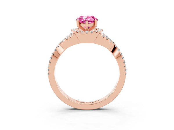 Rose gold Pear Cut Pink Sapphire  Halo Twist Band Solitaire Prong Setting Ring