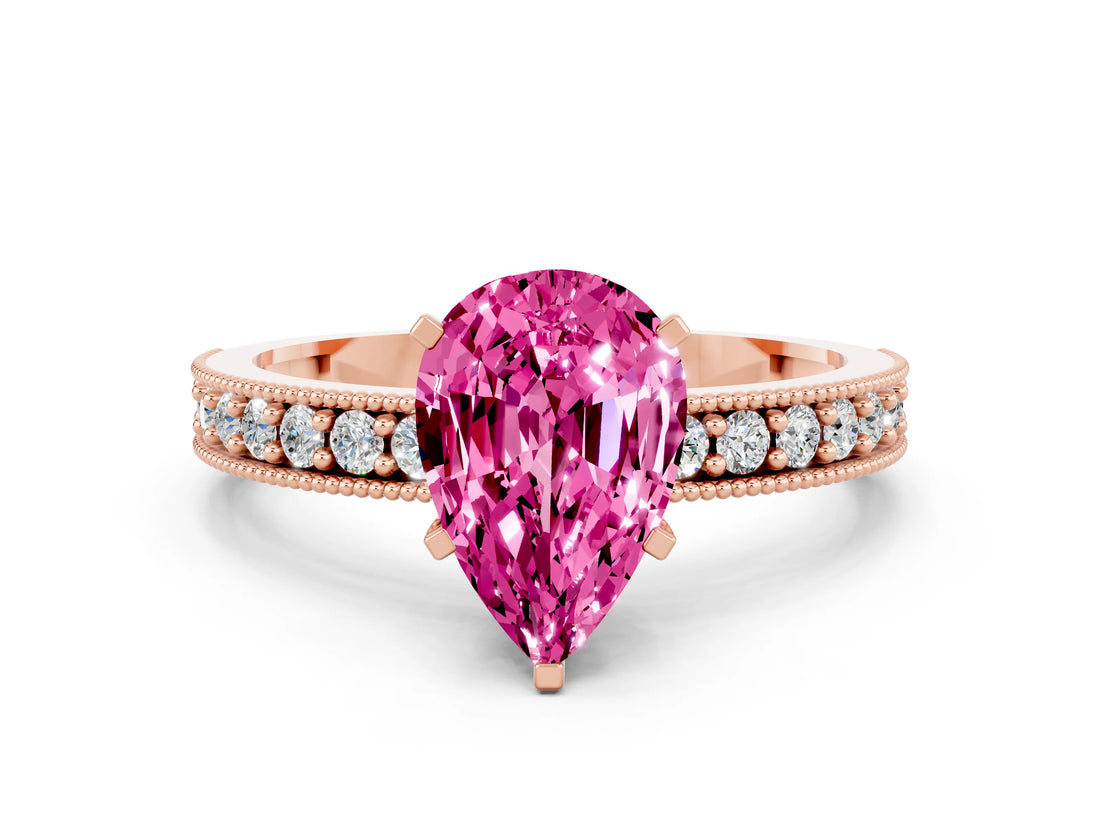 Rose gold Pear Cut Pink Sapphire Milgrain Pavé Engagement Ring with Four-Prong Setting_24