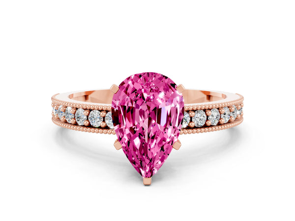 Rose gold Pear Cut Pink Sapphire Milgrain Pavé Engagement Ring with Four-Prong Setting