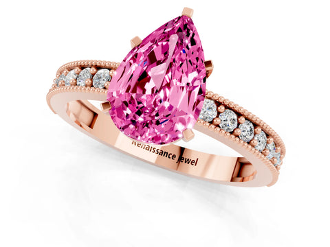Rose gold Pear Cut Pink Sapphire Milgrain Pavé Engagement Ring with Four-Prong Setting_25