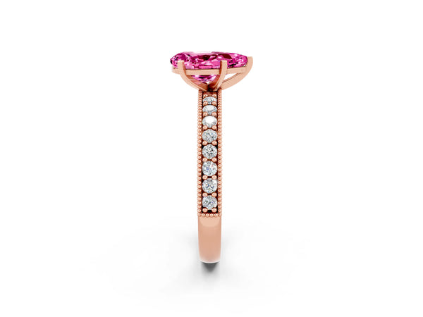 Rose gold Pear Cut Pink Sapphire Milgrain Pavé Engagement Ring with Four-Prong Setting