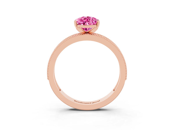 Rose gold Pear Cut Pink Sapphire Milgrain Pavé Engagement Ring with Four-Prong Setting
