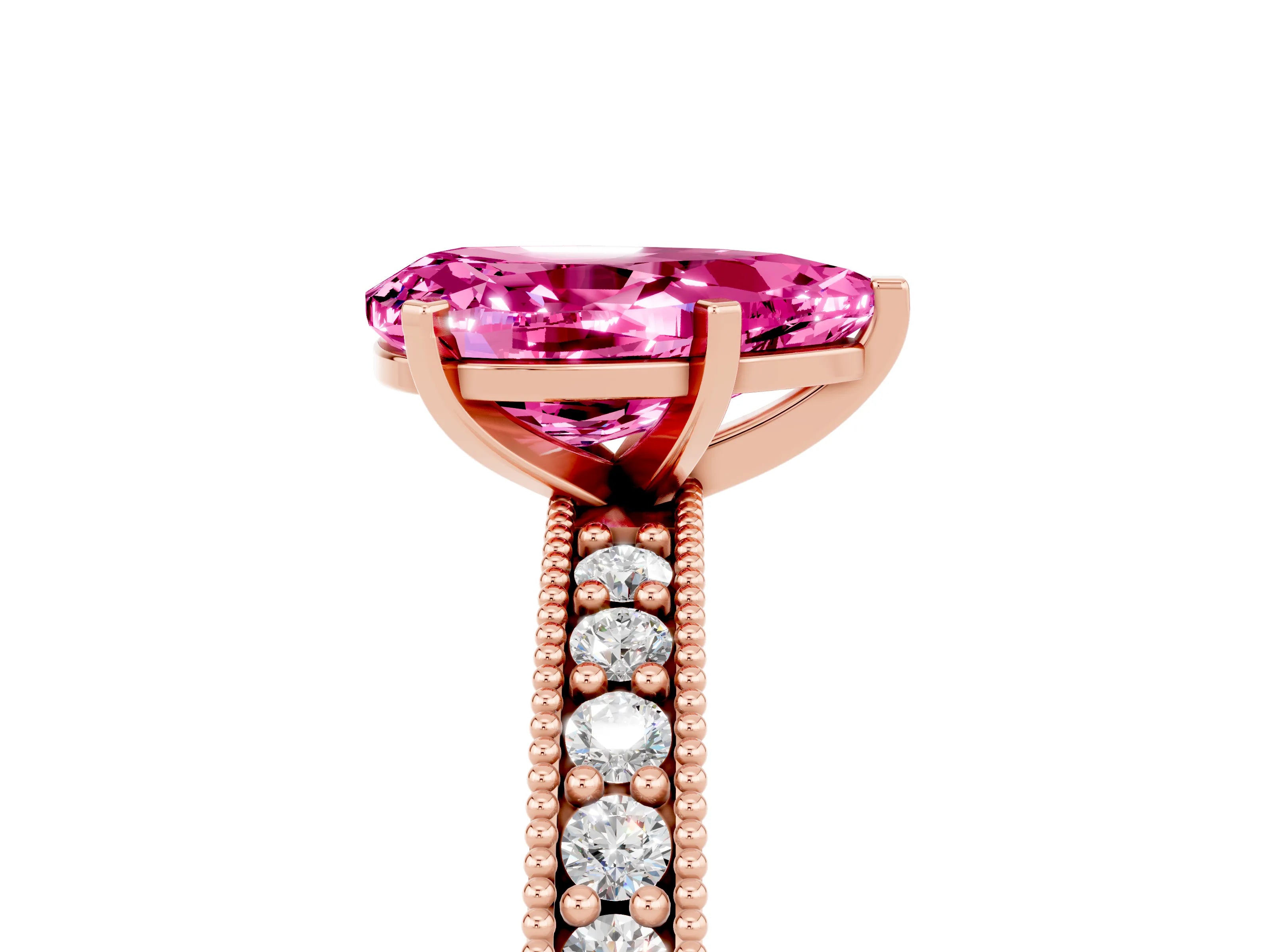 Rose gold Pear Cut Pink Sapphire Milgrain Pavé Engagement Ring with Four-Prong Setting_29