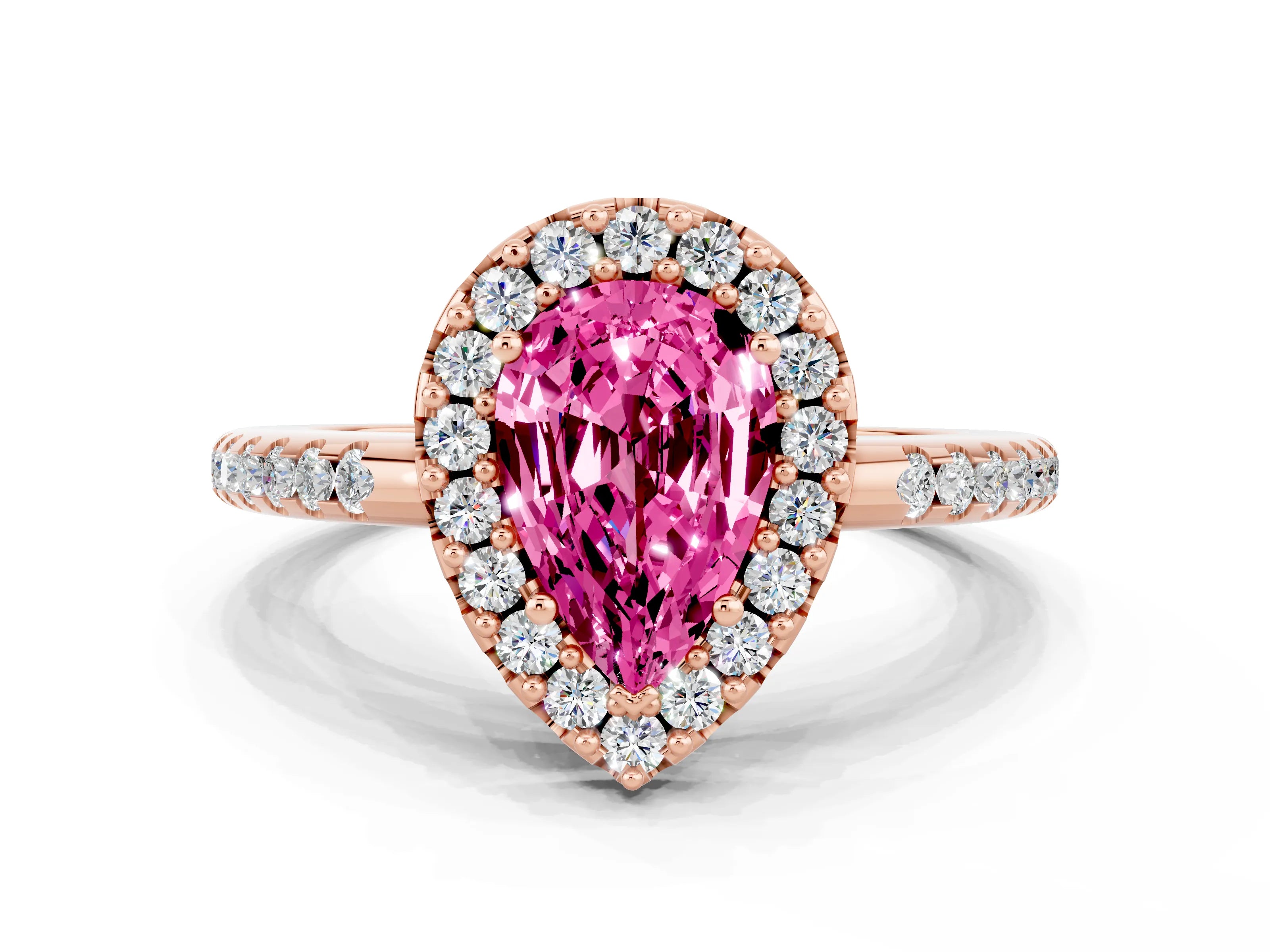 Rose gold Pear Cut Pink Sapphire Pavé Halo Ring with Four-Prong Setting_12