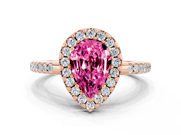 Rose gold Pear Cut Pink Sapphire Pavé Halo Ring with Four-Prong Setting