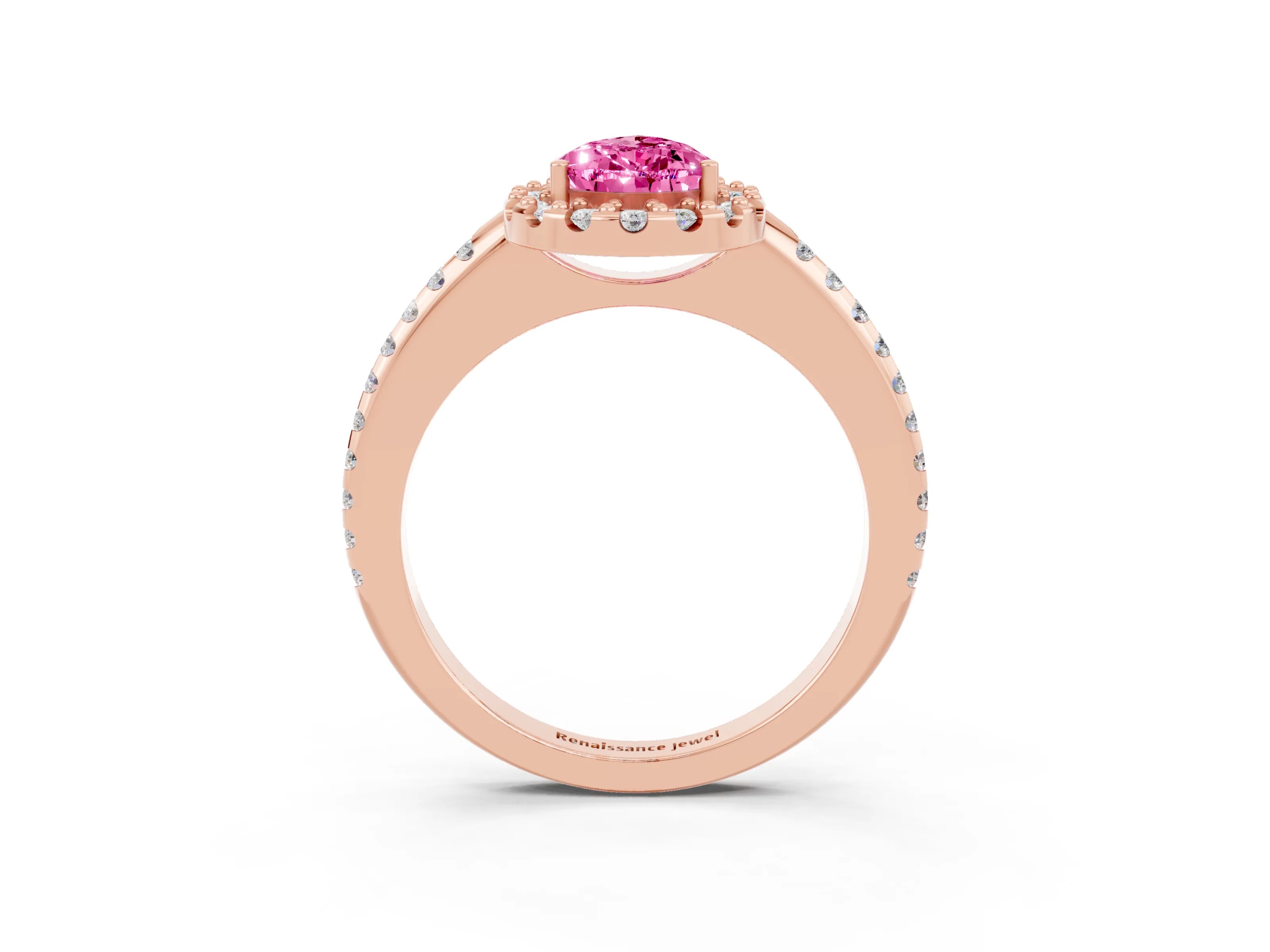 Rose gold Pear Cut Pink Sapphire Pavé Halo Ring with Four-Prong Setting_15