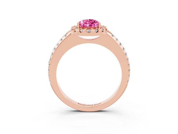 Rose gold Pear Cut Pink Sapphire Pavé Halo Ring with Four-Prong Setting