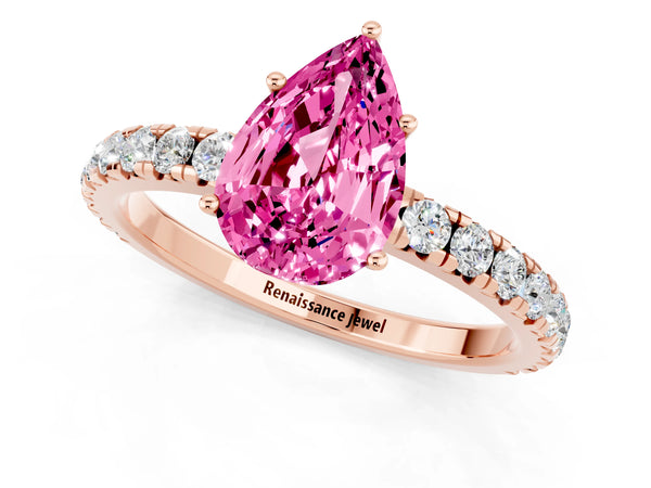 Rose gold Pear Cut Pink Sapphire Pavé Solitaire Engagement Ring with Four-Prong Setting