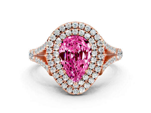 Rose gold Pear Cut Pink Sapphire Pavé Split Shank Double Halo Engagement Ring