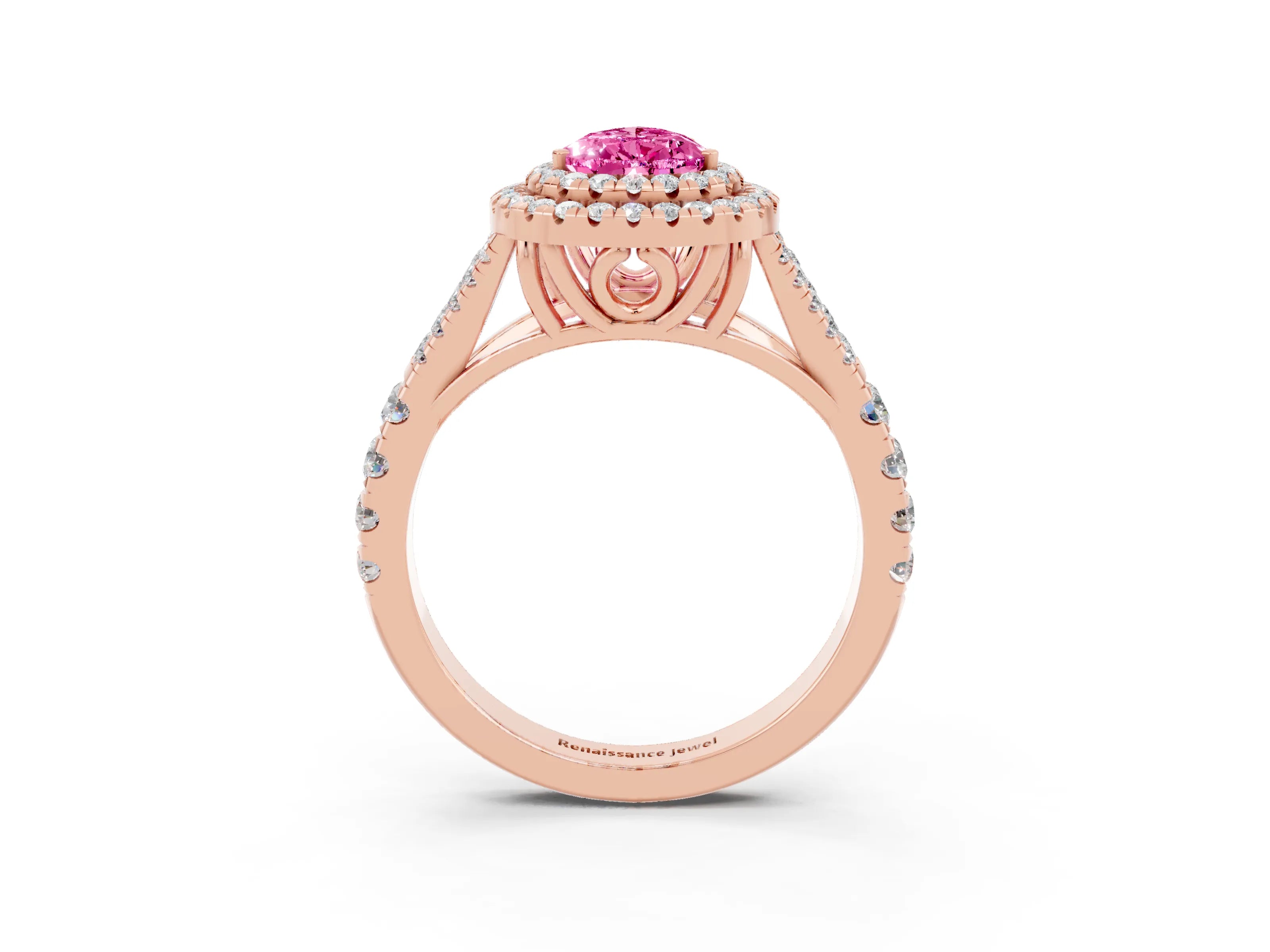Rose gold Pear Cut Pink Sapphire Pavé Split Shank Double Halo Engagement Ring_3