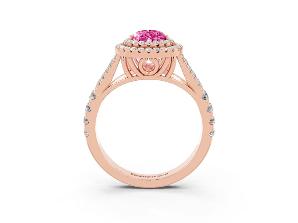 Rose gold Pear Cut Pink Sapphire Pavé Split Shank Double Halo Engagement Ring