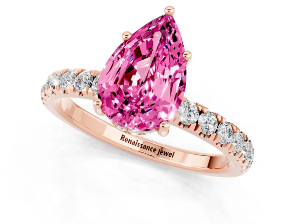 Rose gold Pear Cut Pink Sapphire Pave Band Solitaire Ring with Round  and Prong Setting