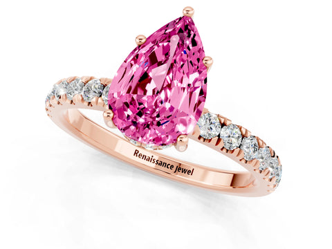 Rose gold Pear Cut Pink Sapphire Pave Band Solitaire Ring with Four-Prong Setting_61