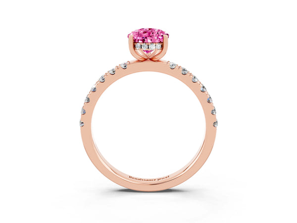 Rose gold Pear Cut Pink Sapphire Pave Band Solitaire Ring with Round  and Prong Setting