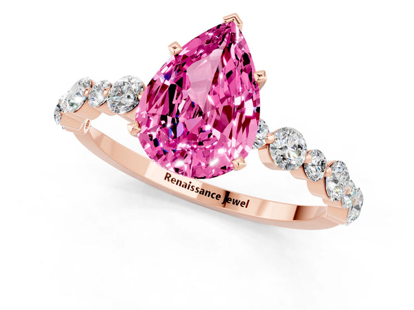 Rose gold Pear Cut Pink Sapphire Prong Set Engagement Ring with Pavé Band