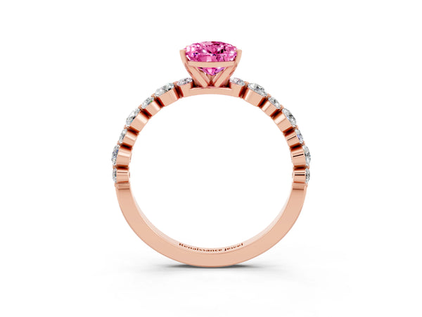 Rose gold Pear Cut Pink Sapphire Prong Set Engagement Ring with Pavé Band