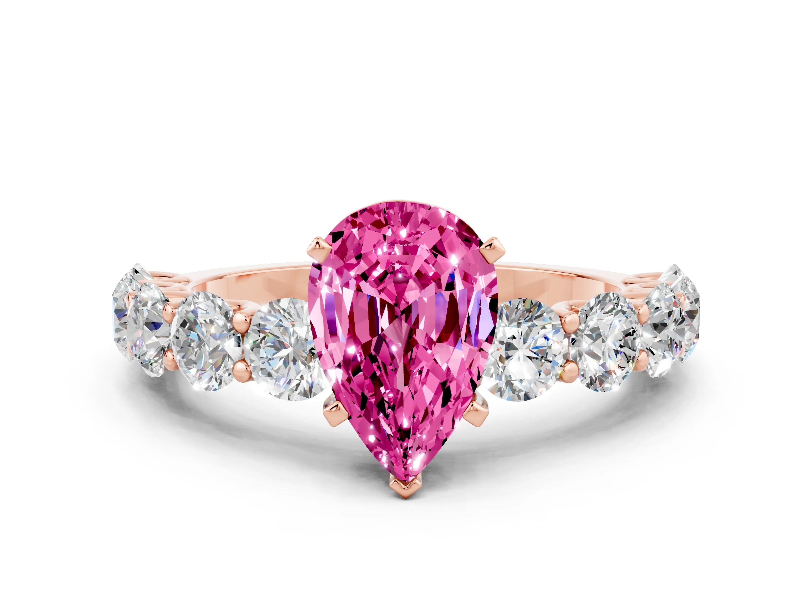 Rose gold Pear Cut Pink Sapphire Prong Setting with Side Stones on a Pave Band_24