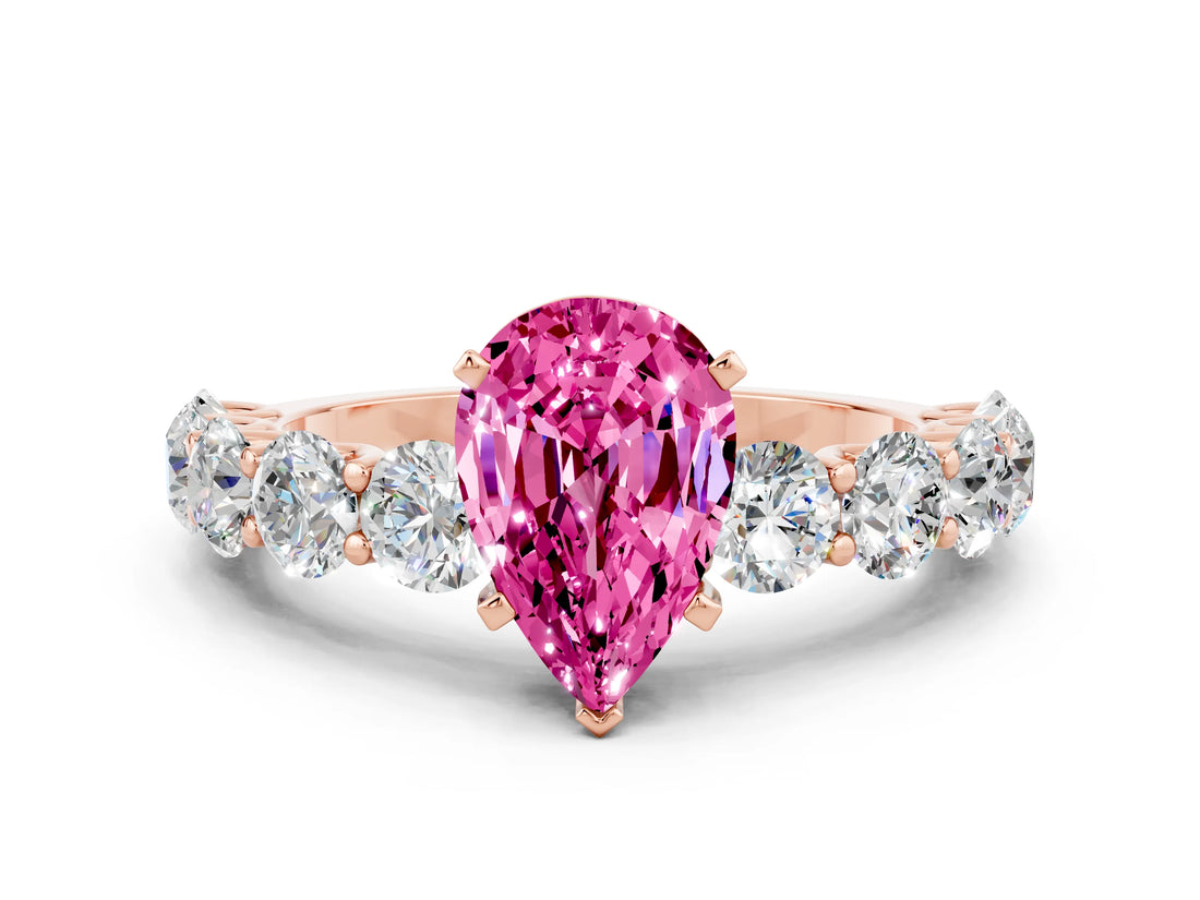 Rose gold Pear Cut Pink Sapphire Prong Setting with Side Stones on a Pave Band_24