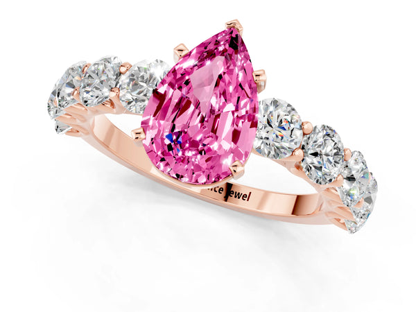 Rose gold Pear Cut Pink Sapphire Prong Setting with Side Stones on a Pave Band