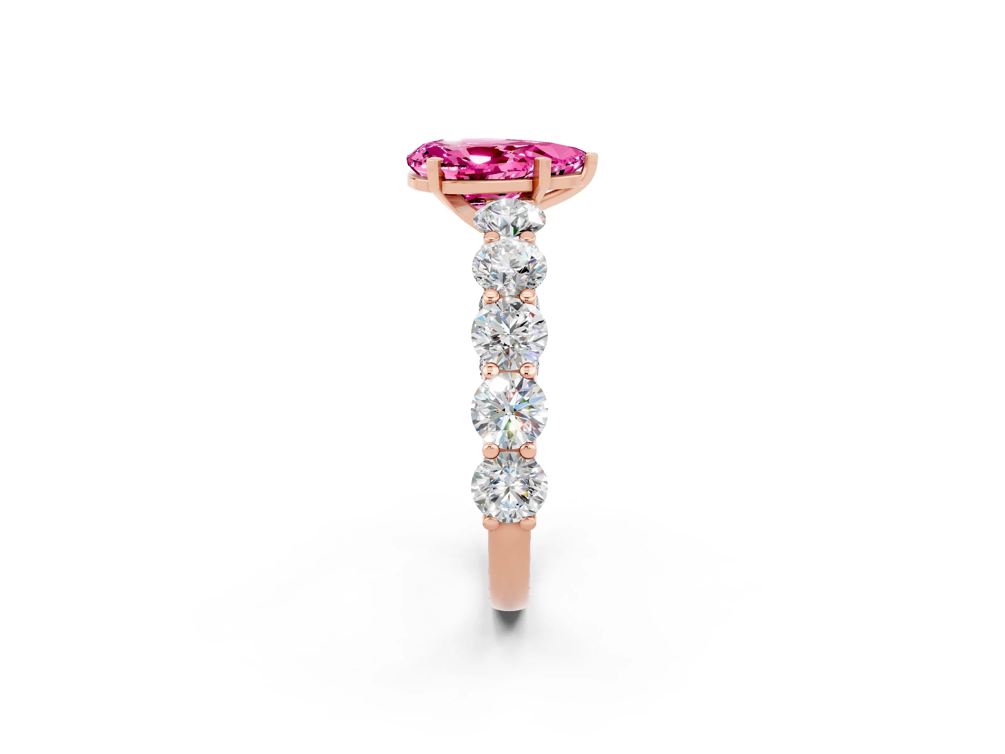 Rose gold Pear Cut Pink Sapphire Prong Setting with Side Stones on a Pave Band_26