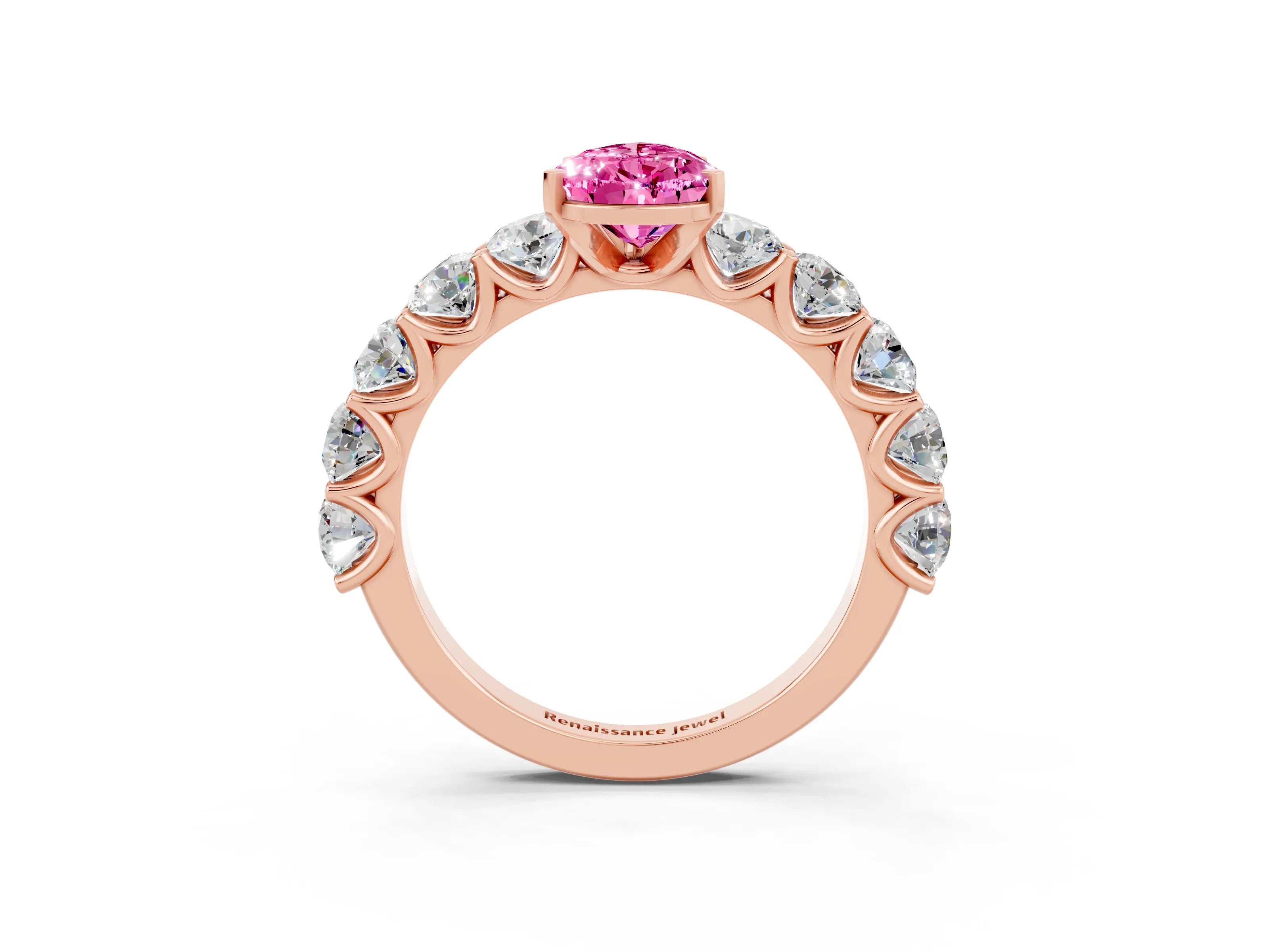 Rose gold Pear Cut Pink Sapphire Prong Setting with Side Stones on a Pave Band_27