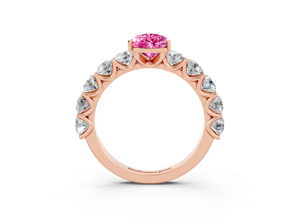 Rose gold Pear Cut Pink Sapphire Prong Setting with Side Stones on a Pave Band