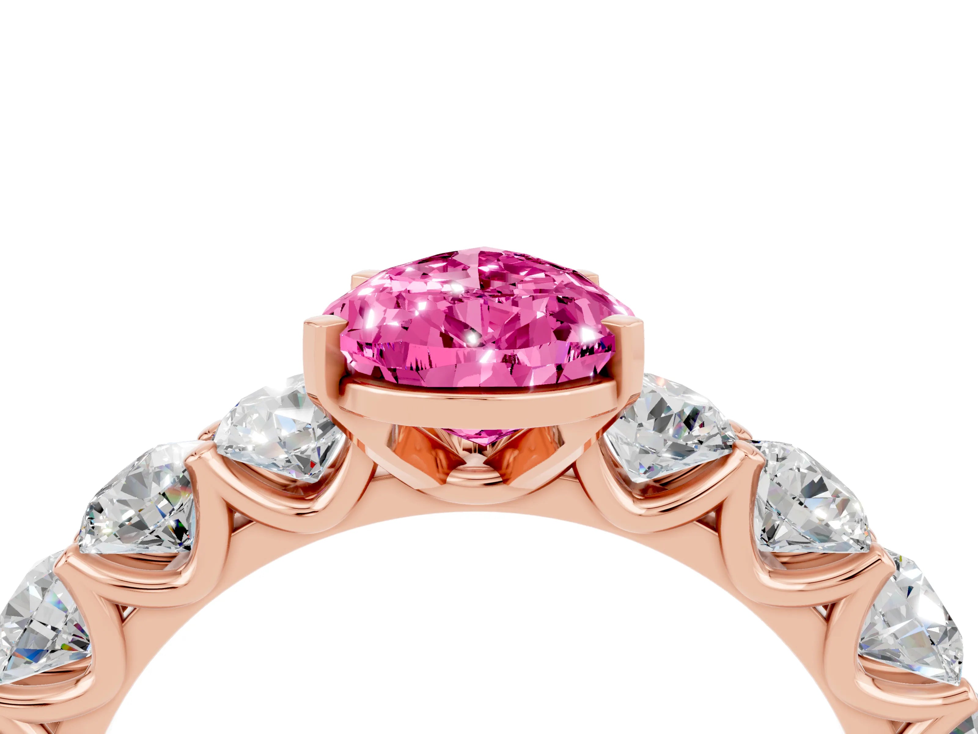 Rose gold Pear Cut Pink Sapphire Prong Setting with Side Stones on a Pave Band_28