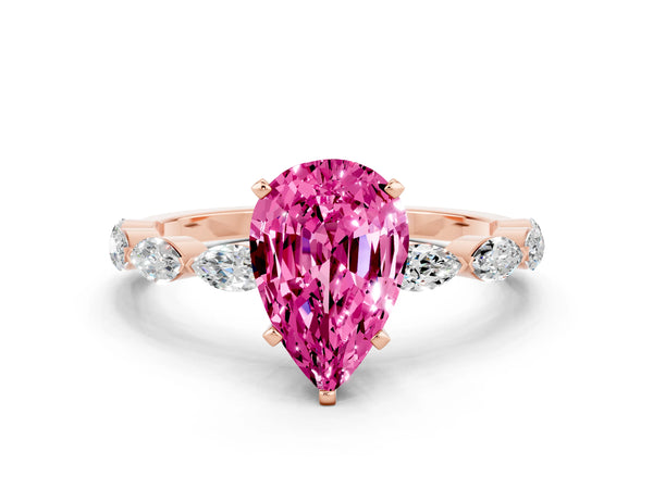 Rose gold Pear Cut Pink Sapphire Ring with Marquise Side Stones and Prong Setting