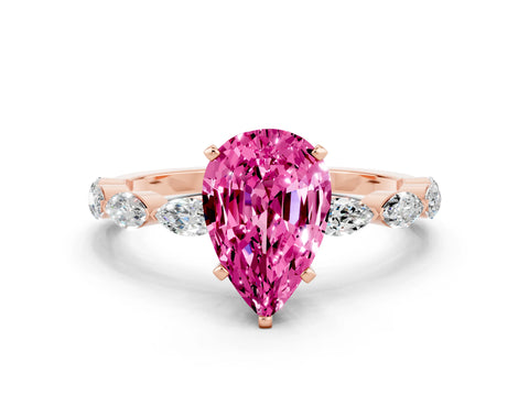 Rose gold Pear Cut Pink Sapphire Ring with Marquise Side Stones and Prong Setting_12