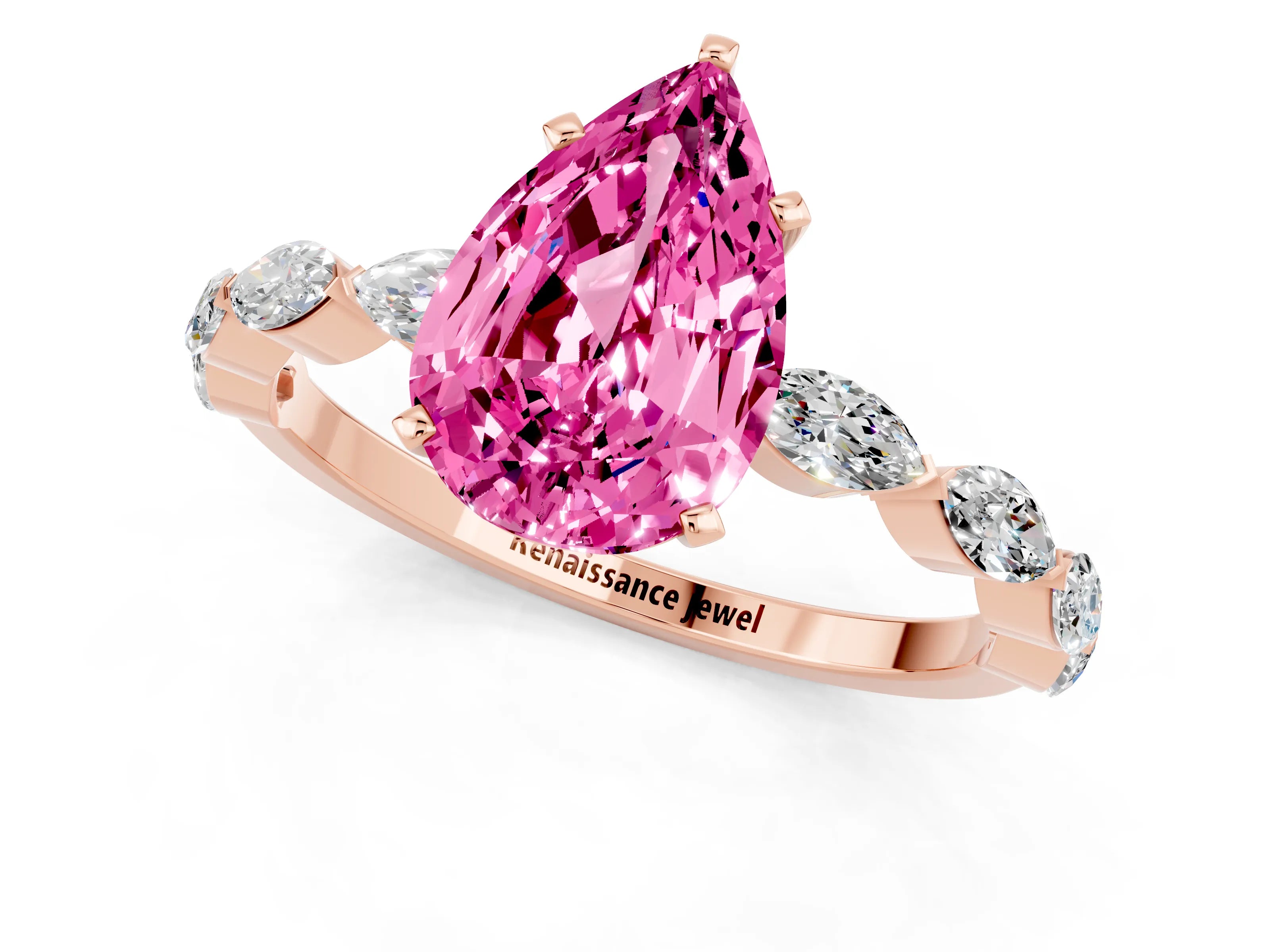 Rose gold Pear Cut Pink Sapphire Ring with Marquise Side Stones and Prong Setting_13