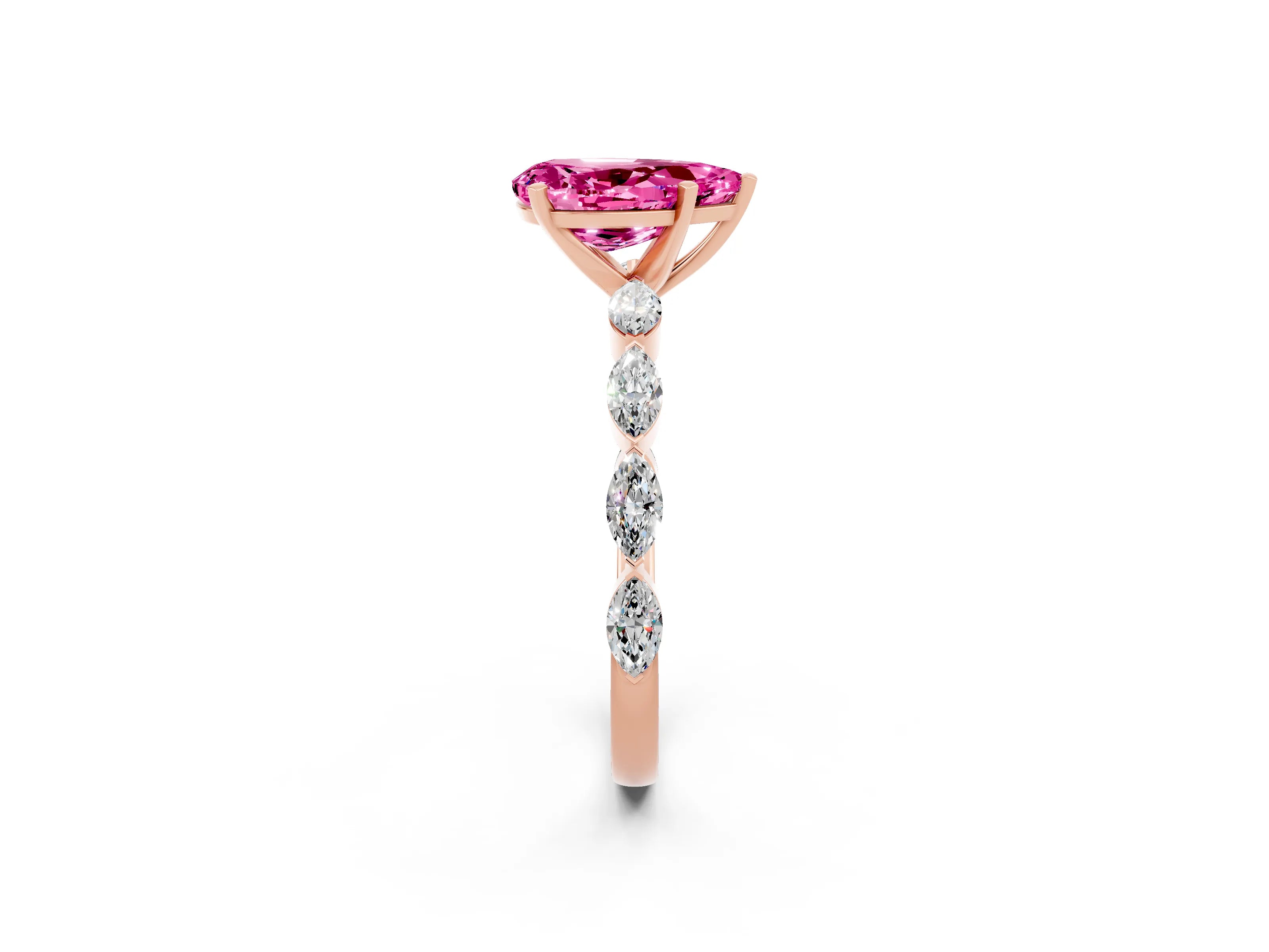 Rose gold Pear Cut Pink Sapphire Ring with Marquise Side Stones and Prong Setting_14