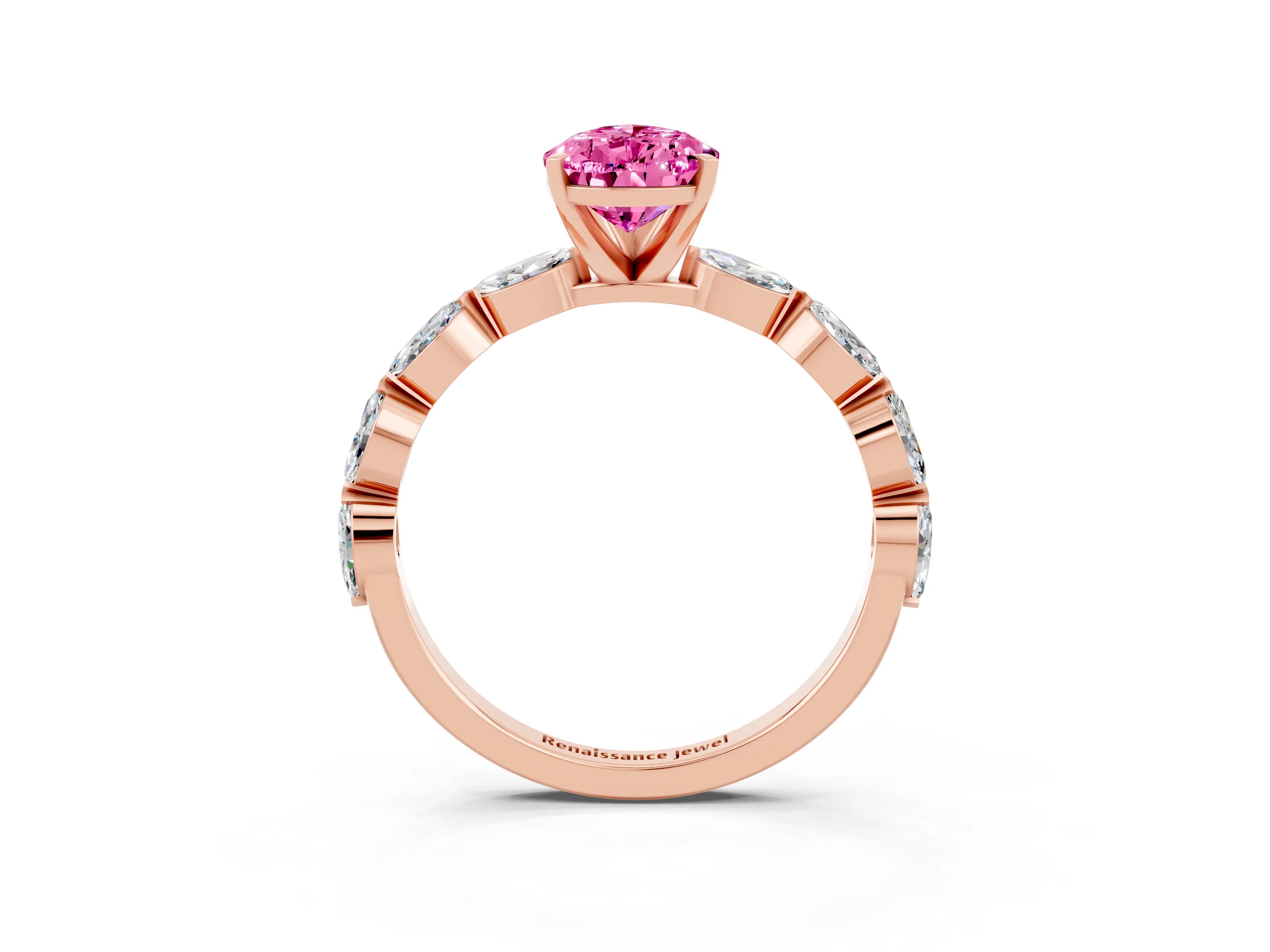 Rose gold Pear Cut Pink Sapphire Ring with Marquise Side Stones and Prong Setting_15