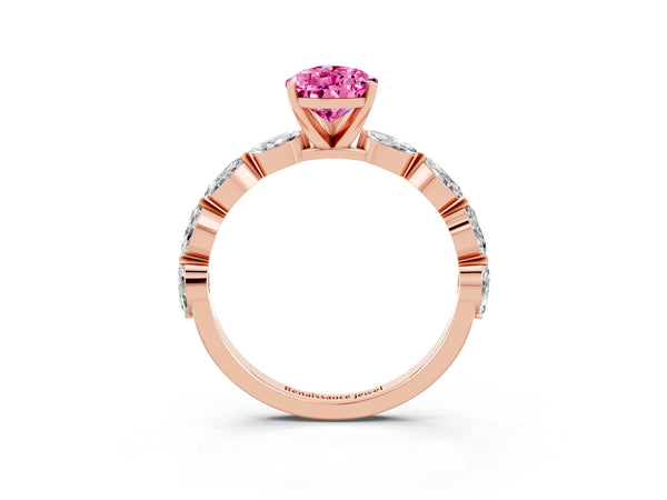 Rose gold Pear Cut Pink Sapphire Ring with Marquise Side Stones and Prong Setting