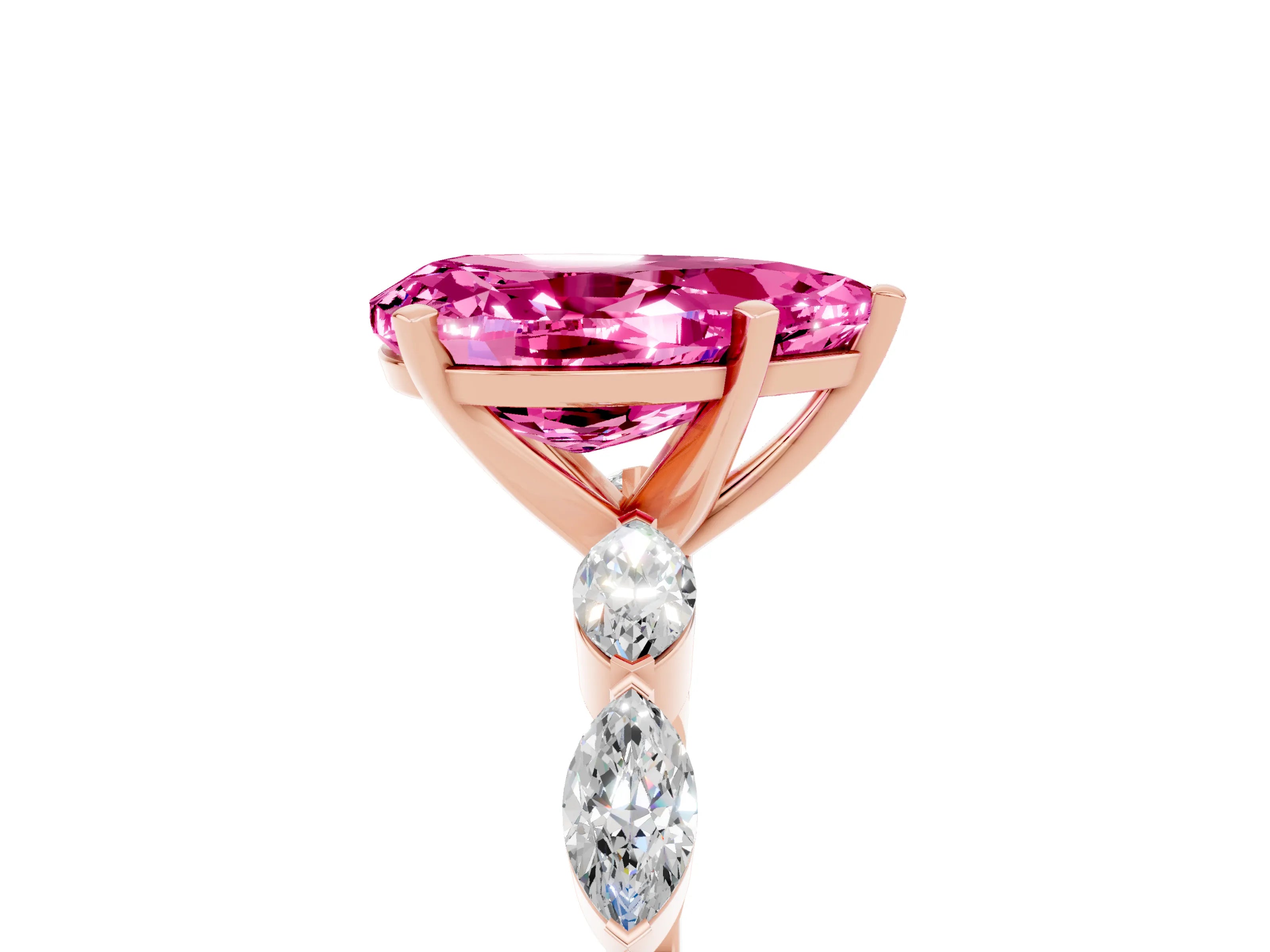Rose gold Pear Cut Pink Sapphire Ring with Marquise Side Stones and Prong Setting_17