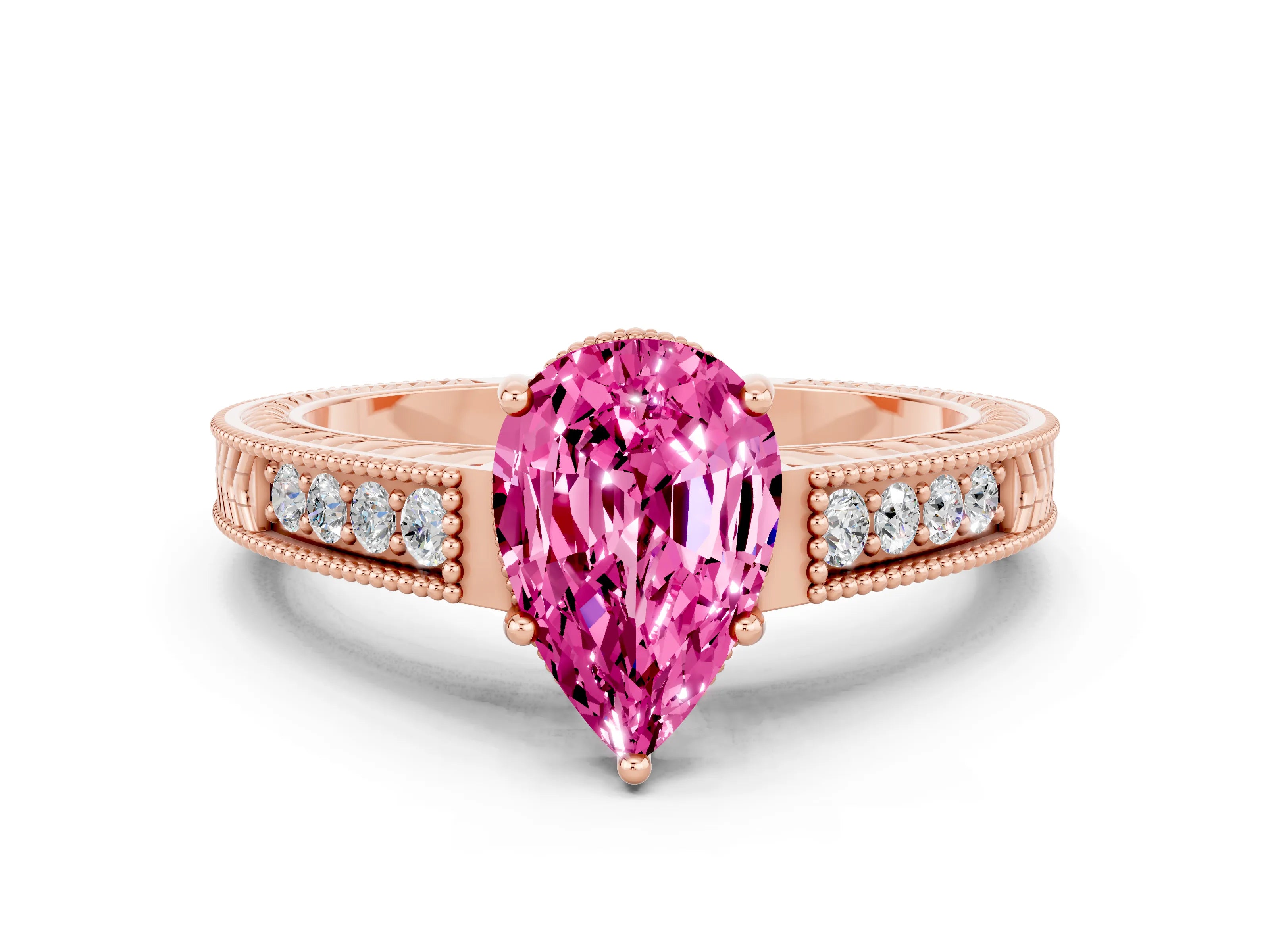 Rose gold Pear Cut Pink Sapphire Ring with Milgrain Pavé Band and Four-Prong Setting_36