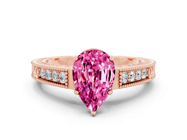 Rose gold Pear Cut Pink Sapphire Ring with Milgrain Pavé Band and Four-Prong Setting