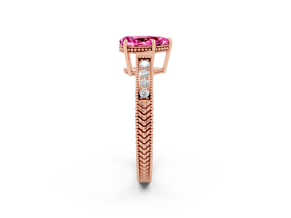Rose gold Pear Cut Pink Sapphire Ring with Milgrain Pavé Band and Four-Prong Setting