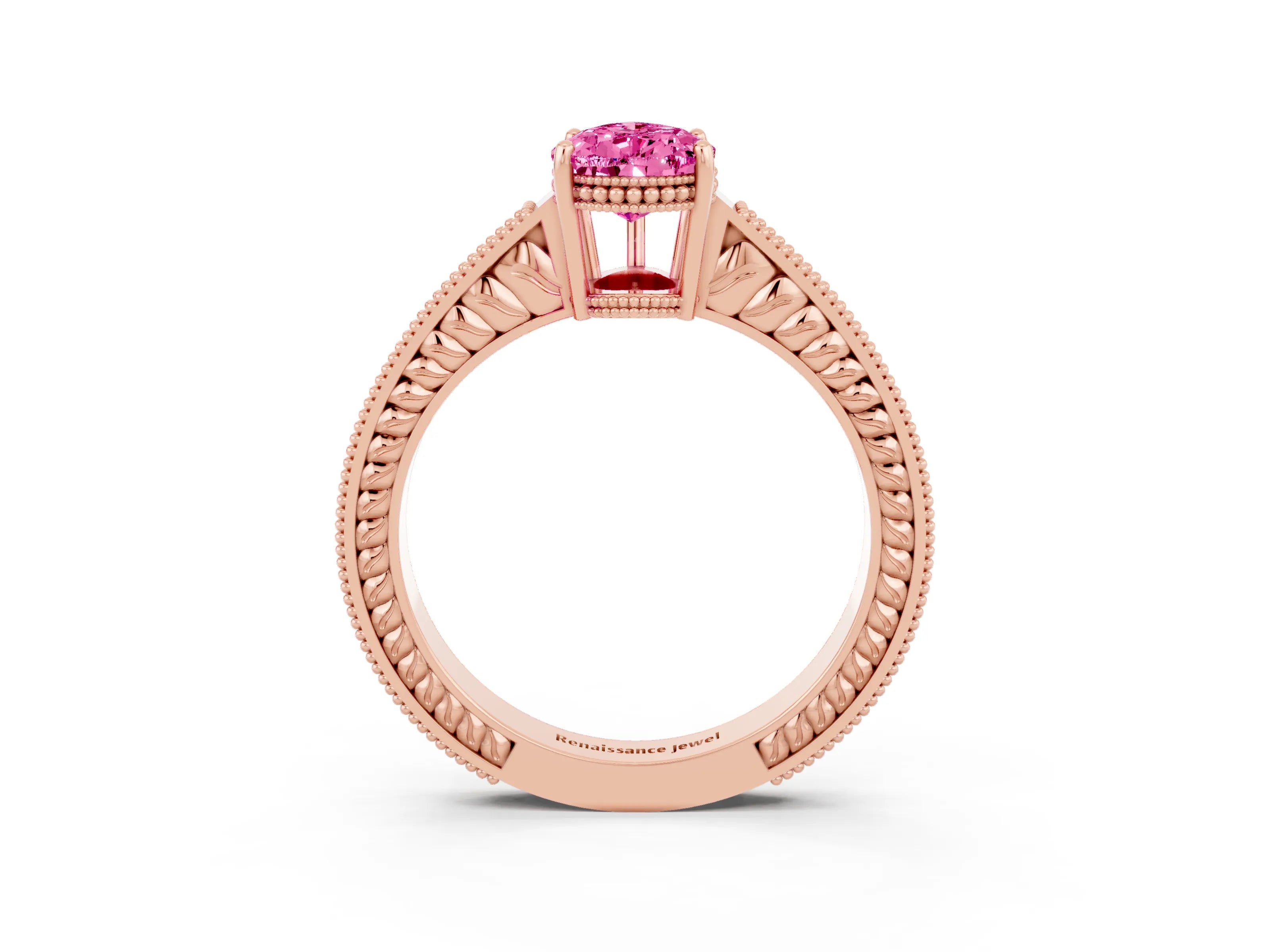 Rose gold Pear Cut Pink Sapphire Ring with Milgrain Pavé Band and Four-Prong Setting_39