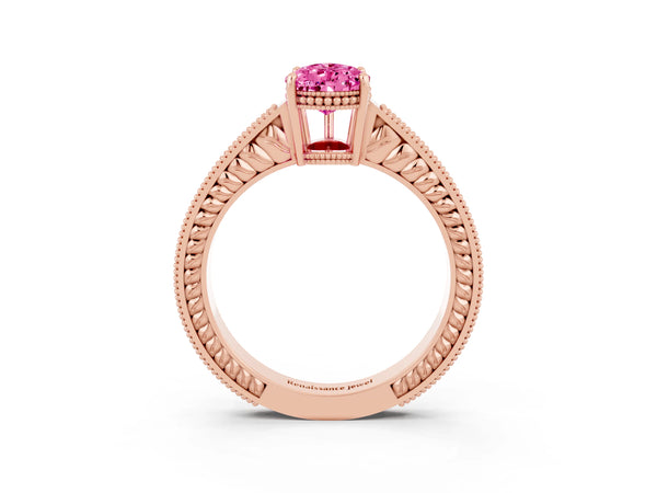 Rose gold Pear Cut Pink Sapphire Ring with Milgrain Pavé Band and Four-Prong Setting