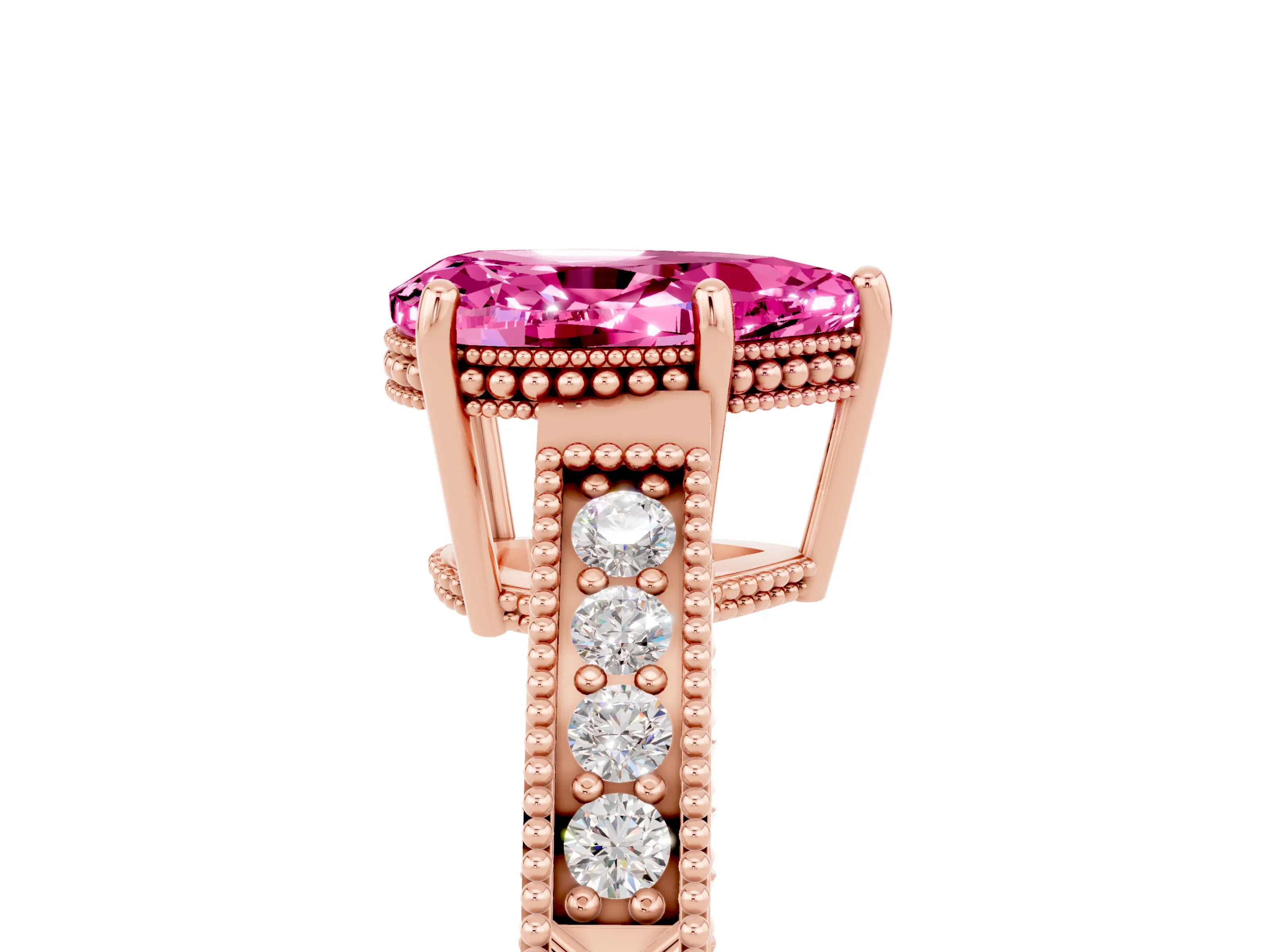 Rose gold Pear Cut Pink Sapphire Ring with Milgrain Pavé Band and Four-Prong Setting_41