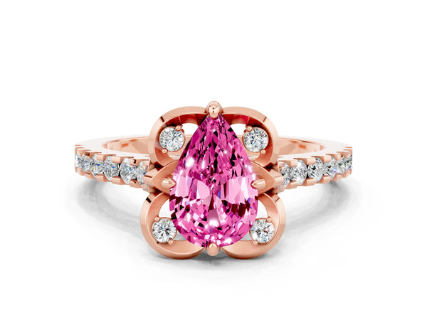 Rose gold Pear Cut Pink Sapphire Ring with Pavé Band and Floral Prong Setting
