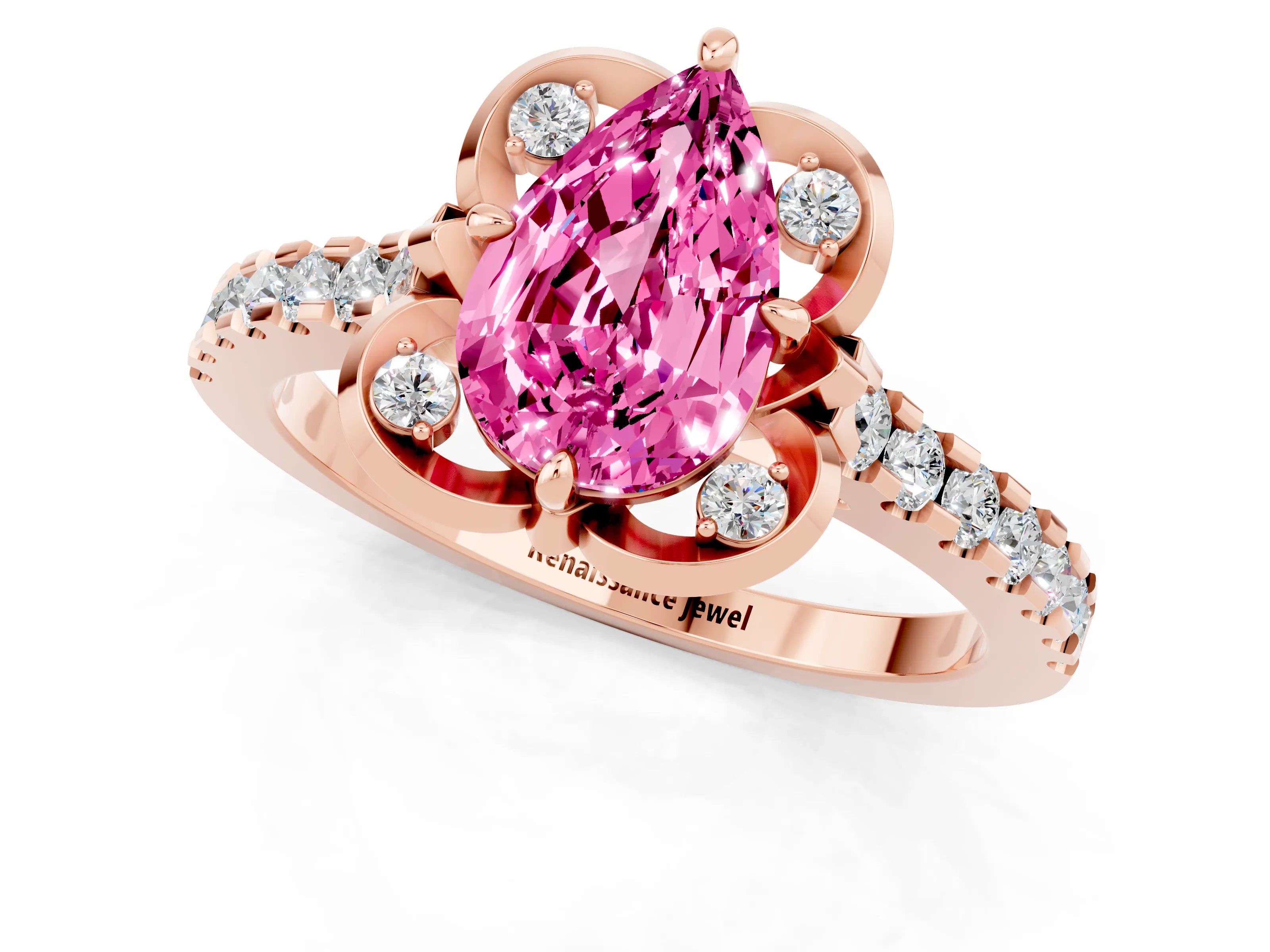 Rose gold Pear Cut Pink Sapphire Ring with Pavé Band and Floral Prong Setting_1