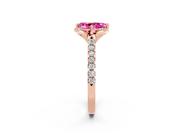 Rose gold Pear Cut Pink Sapphire Ring with Pavé Band and Floral Prong Setting