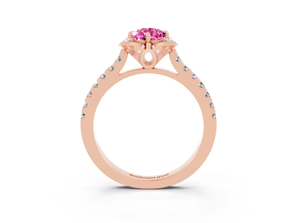 Rose gold Pear Cut Pink Sapphire Ring with Pavé Band and Floral Prong Setting