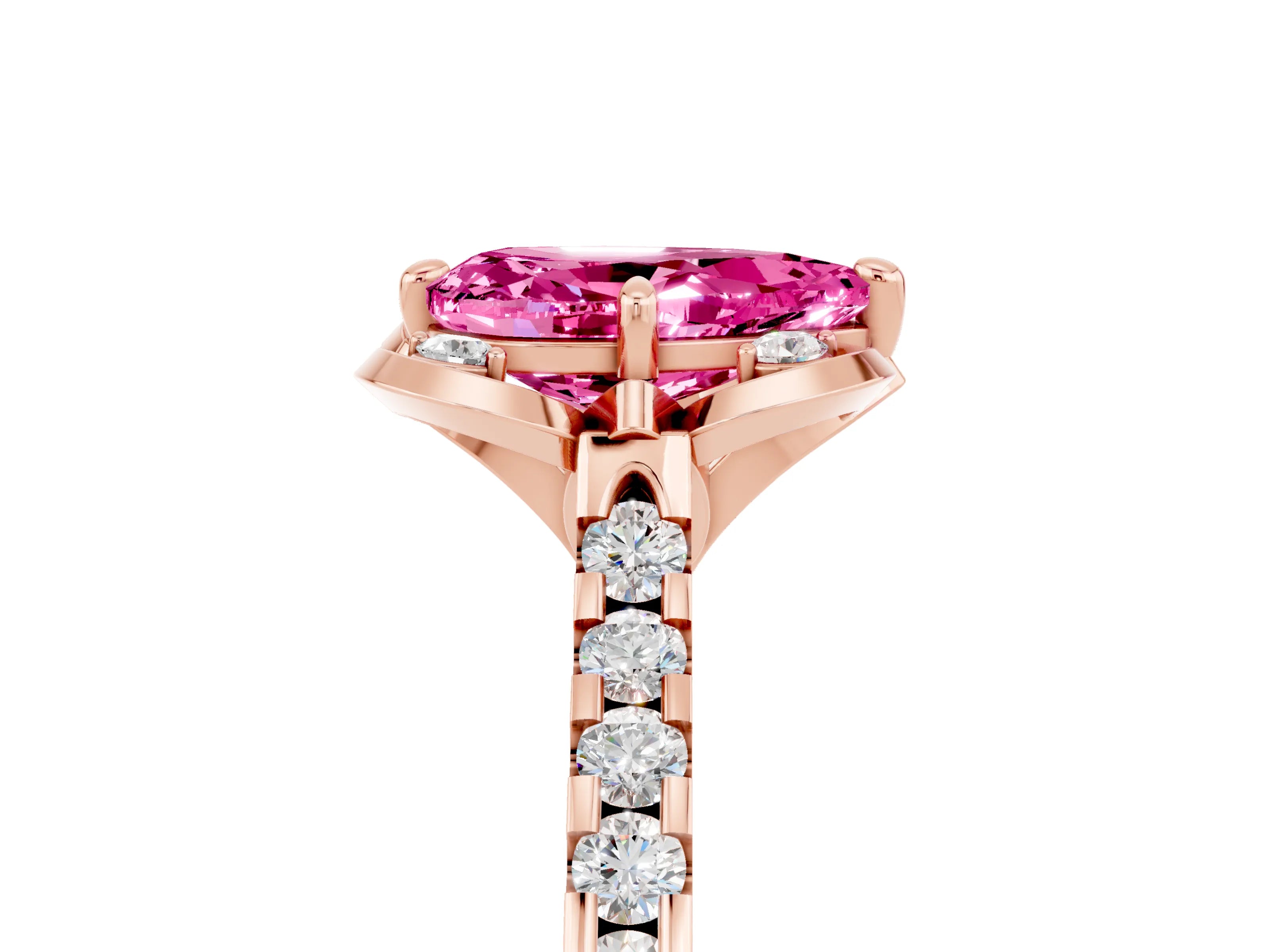 Rose gold Pear Cut Pink Sapphire Ring with Pavé Band and Floral Prong Setting_5