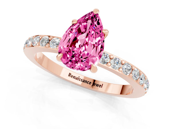 Rose gold Pear Cut Pink Sapphire Pavé Engagement Ring with Round  Accents and Prong Setting