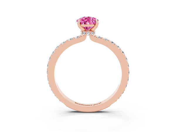 Rose gold Pear Cut Pink Sapphire Pavé Engagement Ring with Round  Accents and Prong Setting