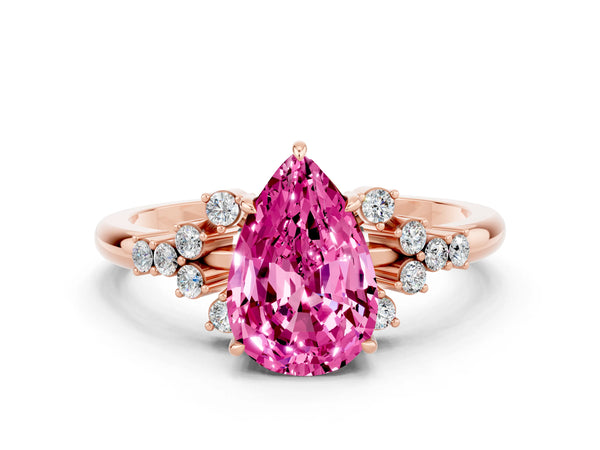 Rose gold Pear Cut Pink Sapphire Ring with Side Stones and Four-Prong Setting